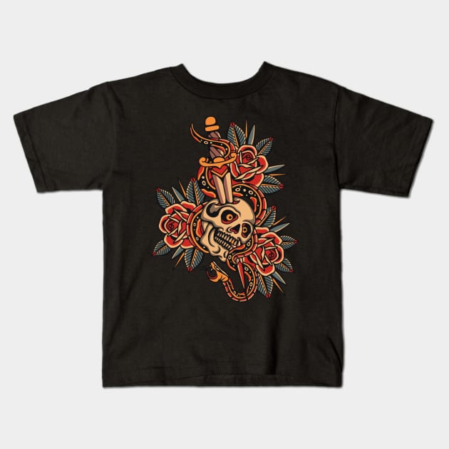 Skull Traditional Tattoo Kids T-Shirt by Abrom Rose
